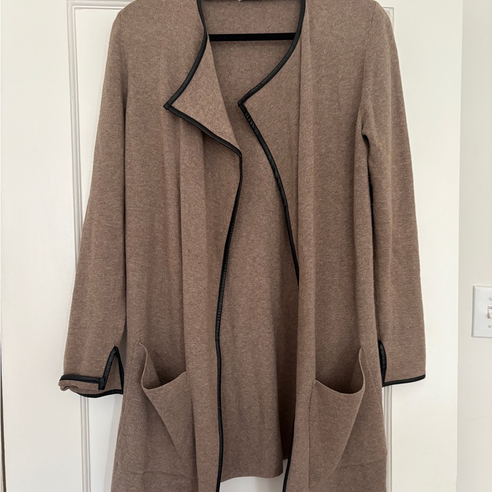 ALFRED SUNG Beige Cardigan with Leather Edging